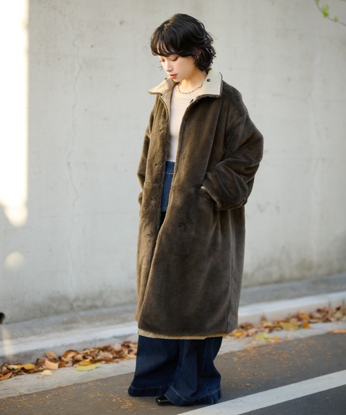 BEATING HEAT/オーバーサイズ/リバーシブルステンカラーコート/羊毛 ステンカラーコート コート 2way collar fur reversible coat /2way