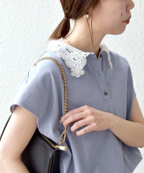 tシャツ SHIPS any:「洗濯機可能」レース カラー フレンチスリーブ ポロ プルオーバー レディースの画像
