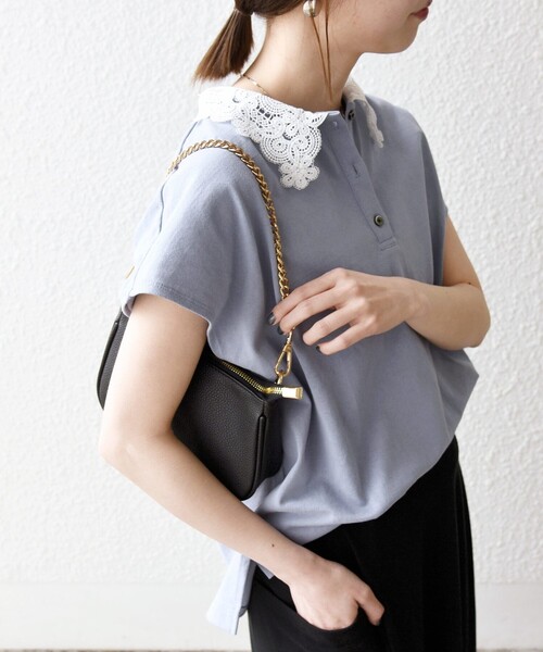 tシャツ SHIPS any:「洗濯機可能」レース カラー フレンチスリーブ ポロ プルオーバー レディースの画像