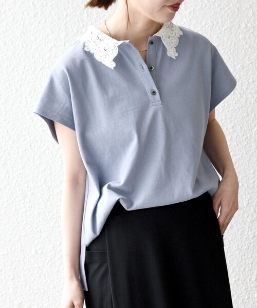 tシャツ SHIPS any:「洗濯機可能」レース カラー フレンチスリーブ ポロ プルオーバー レディースの画像