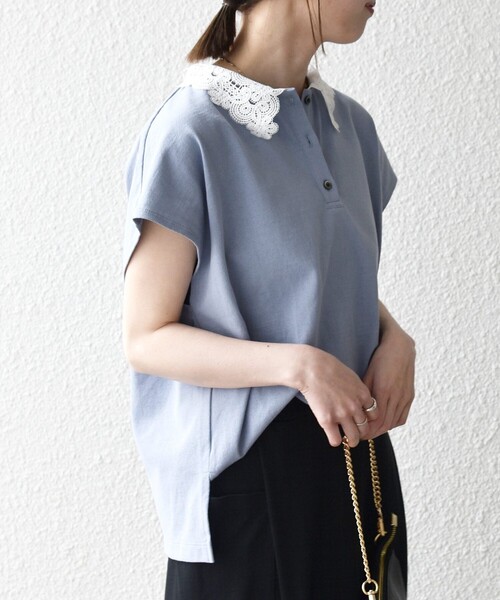 tシャツ SHIPS any:「洗濯機可能」レース カラー フレンチスリーブ ポロ プルオーバー レディースの画像