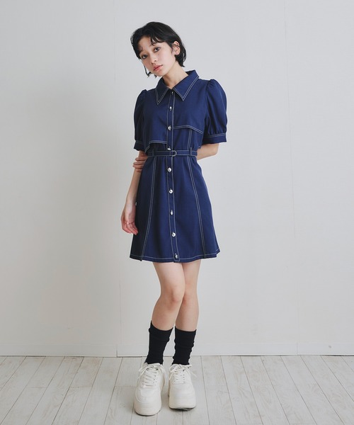 AURALEE 25SS ネイビー 半袖ミニワンピース REDYAZEL（レディアゼル） ワンピース 半袖 ステッチバイカラー