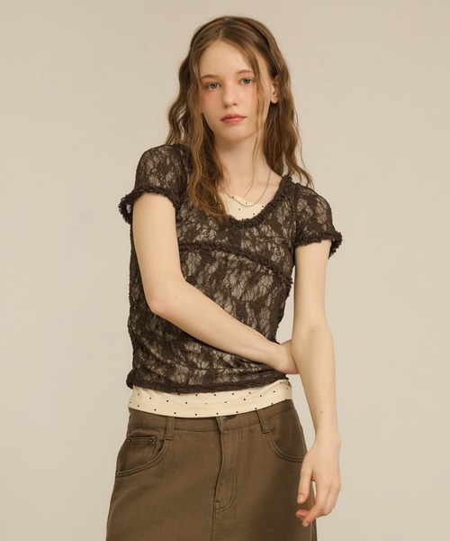 hazyl tシャツ 半袖 lace docking tops / レースドッキングトップス