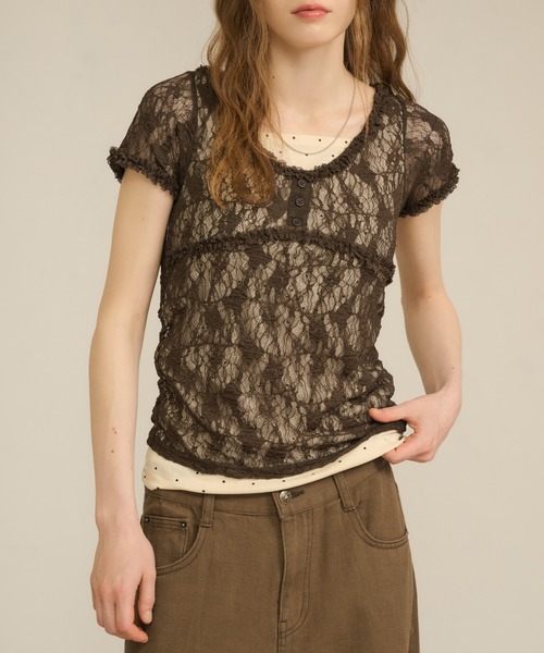 hazyl tシャツ 半袖 lace docking tops / レースドッキングトップス