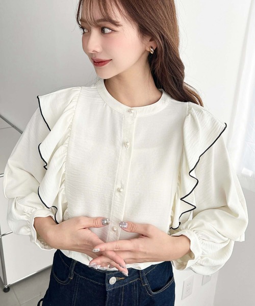 シャツ/ブラウス(長袖/七分) em. warm pearl peplum tops クラッシュスエード ペプラムシャツブラウス 長袖 レディース(M