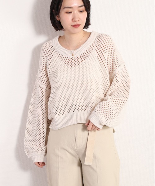 【在庫限り】cepoセポ　ノーカラー　ブルゾン　綺麗め　ベージュ　人気　L cepo ニット セーター スプリングカラーメッシュニット