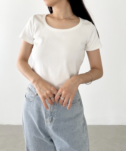 tシャツ ワイドネック コンパクト リブTシャツ レディース
