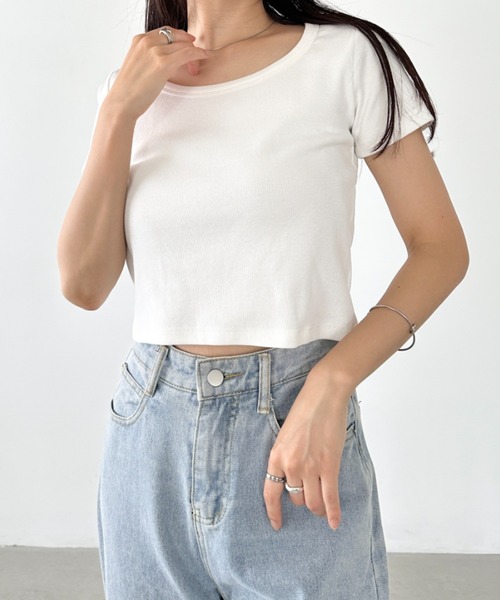 tシャツ ワイドネック コンパクト リブTシャツ レディース