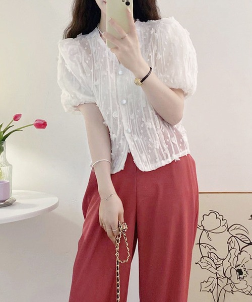 値下げ★新品、未使用★LUEUF パフスリーブ半袖ブラウス ドット柄パフスリーブシアーブラウス 春 夏 レディース M L