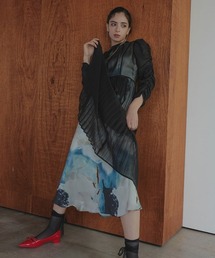 【美品】Callarus プリント重ねシフォンプリーツデザインロング丈ワンピース セール】【niaulabTV紹介商品】〔Callarus〕プリント重ねシフォン