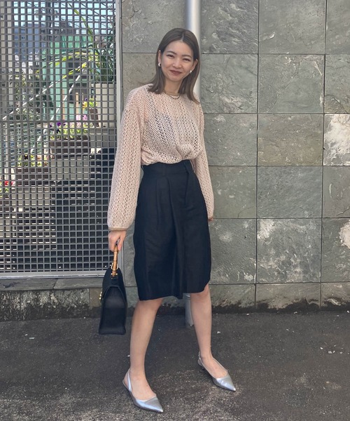 tシャツ 透かし編みクルーネックトップス -手洗い可- レディース