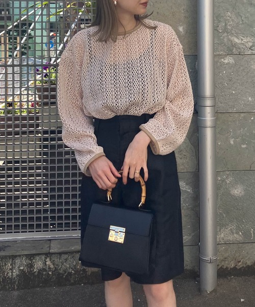 tシャツ 透かし編みクルーネックトップス -手洗い可- レディース