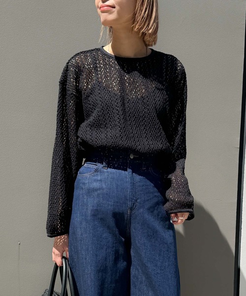 tシャツ 透かし編みクルーネックトップス -手洗い可- レディース