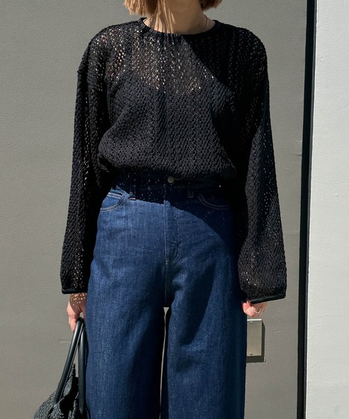 tシャツ 透かし編みクルーネックトップス -手洗い可- レディース