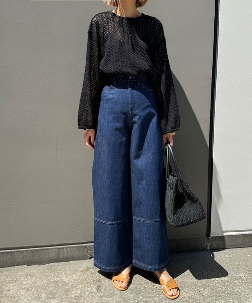 tシャツ 透かし編みクルーネックトップス -手洗い可- レディース