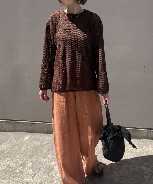 tシャツ 透かし編みクルーネックトップス -手洗い可- レディース