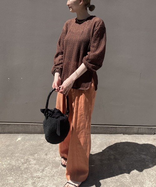 tシャツ 透かし編みクルーネックトップス -手洗い可- レディース