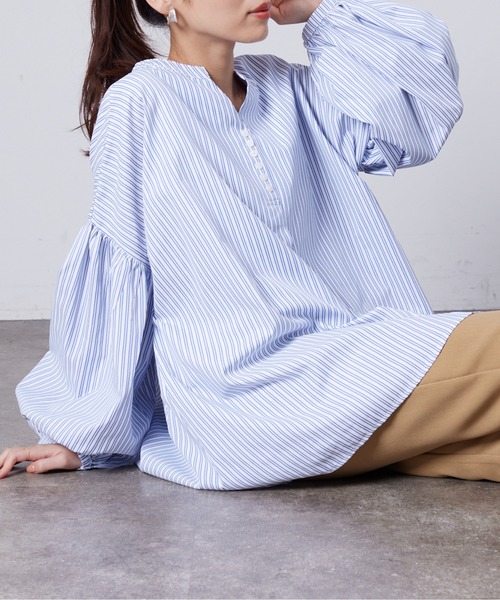 Chez toi（シェトワ） ブラウス シャツ スリットネック袖ボリューム