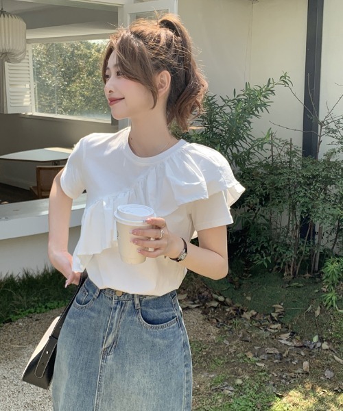 GEMEDA tシャツ アシンメトリーフリルTシャツ レディース : ZOZOTOWN