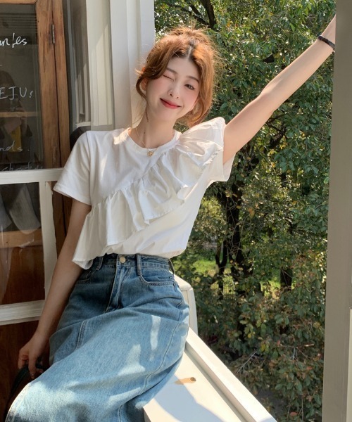 GEMEDA tシャツ アシンメトリーフリルTシャツ レディース : ZOZOTOWN