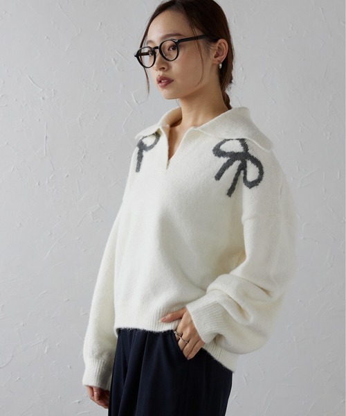 ニット セーター ロゴジャガードビッグリボントップス レディース FOREVER21 ニット セーター 「2024FW」リボンジャガードニット