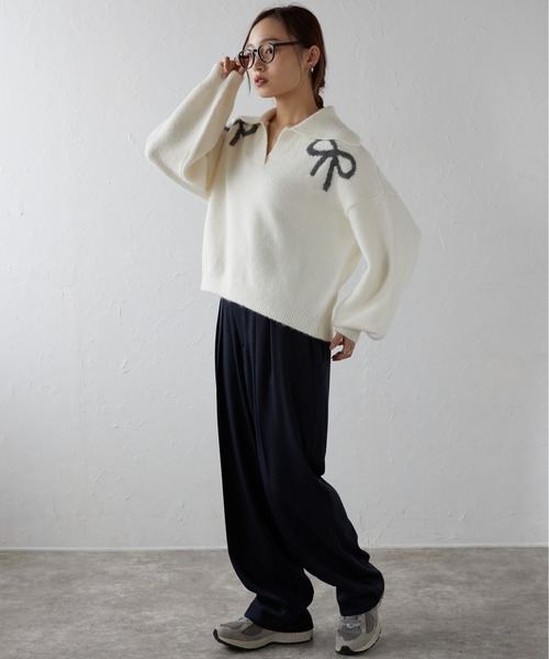 ニット セーター ロゴジャガードビッグリボントップス レディース FOREVER21 ニット セーター 「2024FW」リボンジャガードニット