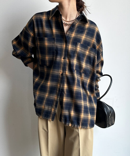 DouDou ブラウス シャツ チェックドロストシャツ レディース
