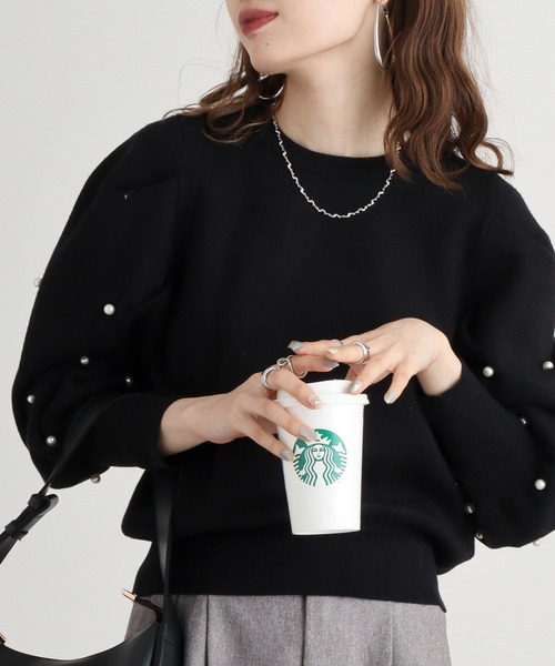 ニット セーター Eglantine パール付きパフスリーブプルオーバーニット レディース