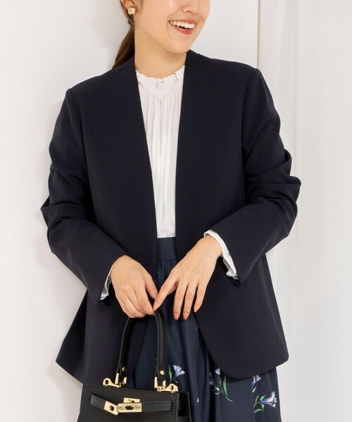 ジャケット ノーカラージャケット 「セットアップ対応」ウォッシャブルダブルクロスVネックジャケット レディース レディースファッション