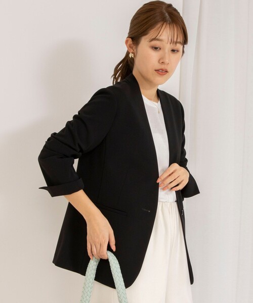 ジャケット ノーカラージャケット 「セットアップ対応」ウォッシャブルダブルクロスVネックジャケット レディース レディースファッション
