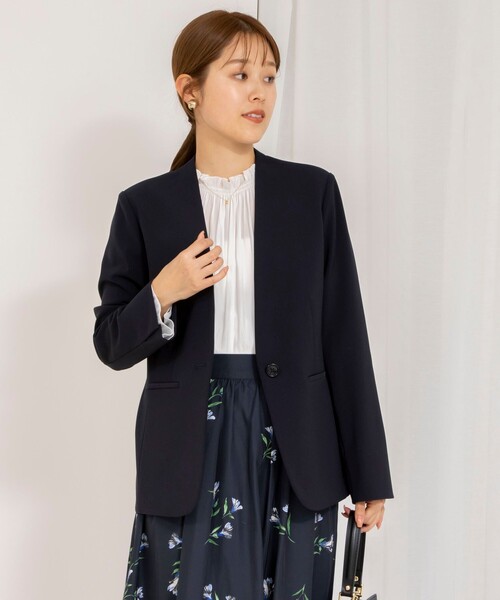 ジャケット ノーカラージャケット 「セットアップ対応」ウォッシャブルダブルクロスVネックジャケット レディース レディースファッション