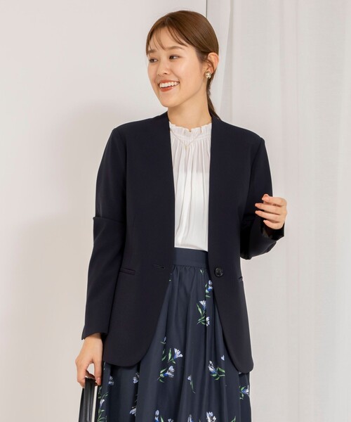 ジャケット ノーカラージャケット 「セットアップ対応」ウォッシャブルダブルクロスVネックジャケット レディース レディースファッション