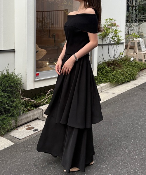 JUNOAH（ジュノア） ワンピース 丈長めオフショルニットドッキングイレ