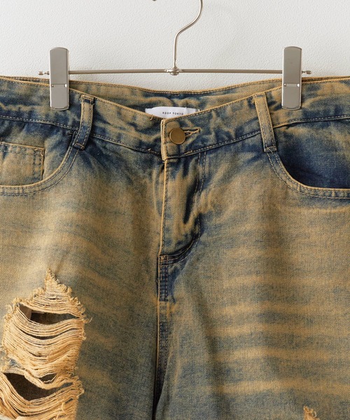 【mmoption】ブラウンダメージデニム ROOP TOKYO ジーンズ Layered Damaged Denim Pants / レイヤード