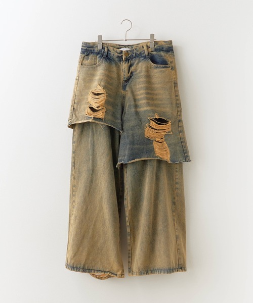 【mmoption】ブラウンダメージデニム ROOP TOKYO ジーンズ Layered Damaged Denim Pants / レイヤード