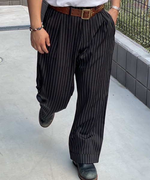 MandO（エムオー） スラックス ストライプ＆無地ベイカータックパンツ