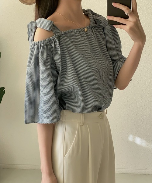 「MAISON DE THERESE」 半袖ブラウス M グレイッシュブルー レディース_画像3