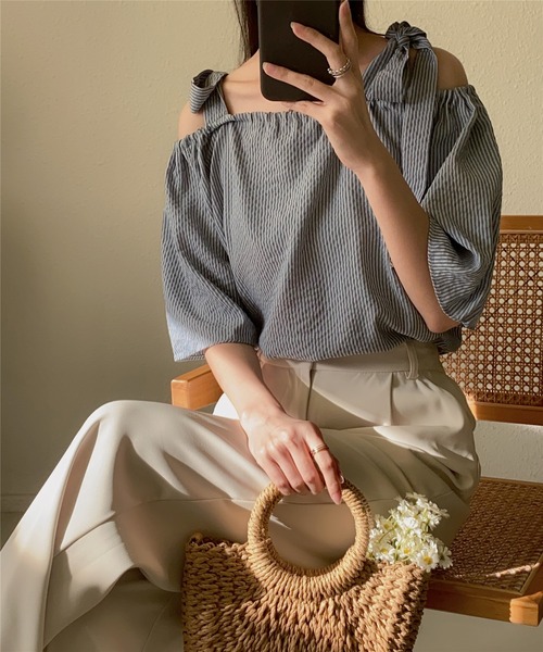 「MAISON DE THERESE」 半袖ブラウス M グレイッシュブルー レディース_画像6