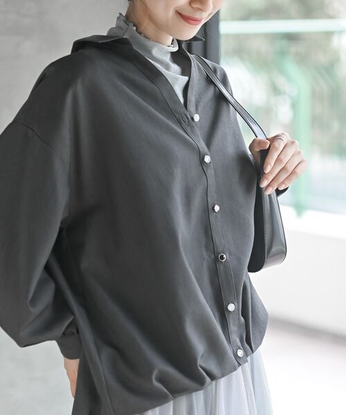 PLATS PLAST リブ編みボタン付きシャツ グレー r・p・s（アールピーエス） ブラウス シャツ BACKレースアップ裾