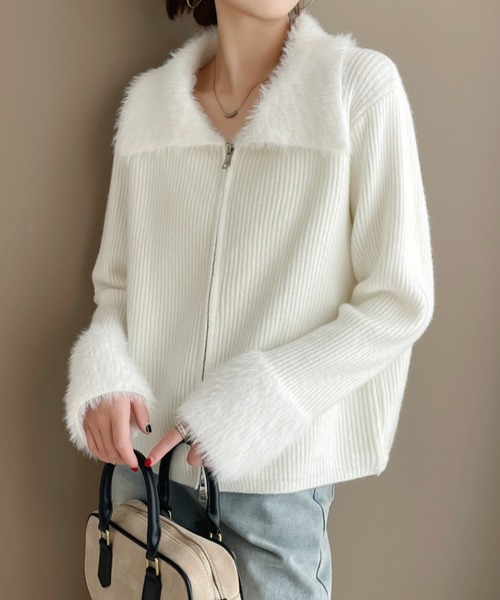 カーディガン シャギーカラーダブルジップニットトップス/カーディガン