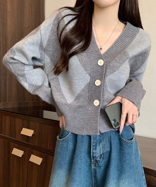 R13 グレー ネイビー ダイヤモンド柄 カーディガン ジディー ZIDDY アーガイルチェック柄カーディガン(130~160cm