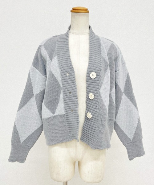 DAY CLOSET カーディガン 「小顔見せVネック」長袖ショート丈ダイヤ柄