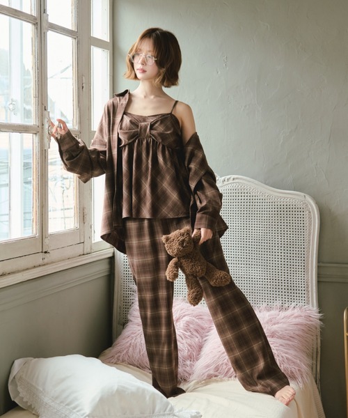 パジャマ ルームウェア 綿100% 「SET ITEM」cup in camisole check set