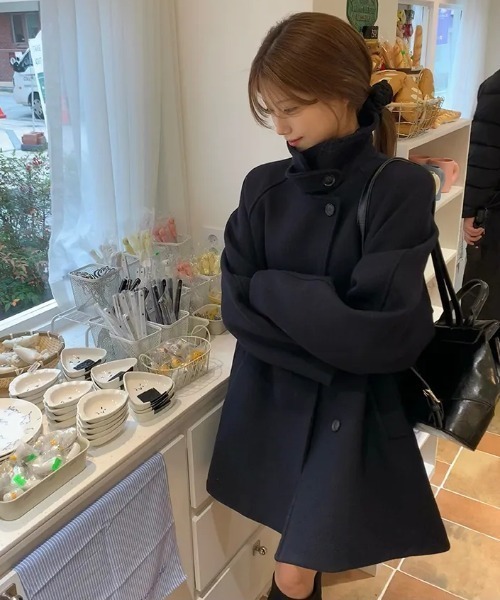 FAVORITO ステンカラーコート コート スタンドカラーシングルブレスト
