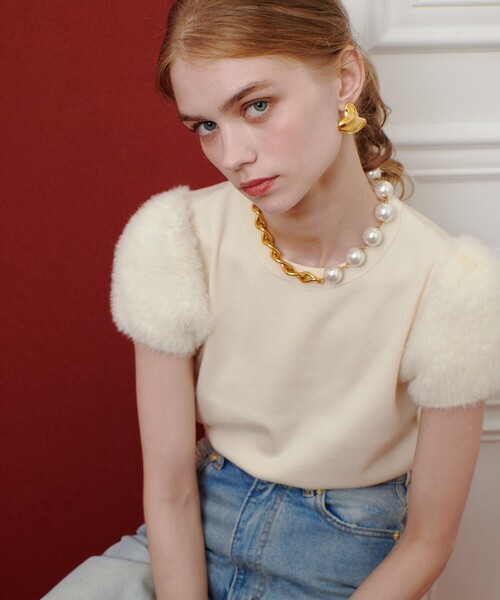 「LOULOU WILLOUGHBY」 半袖ニット 2 ベージュ レディース_画像4