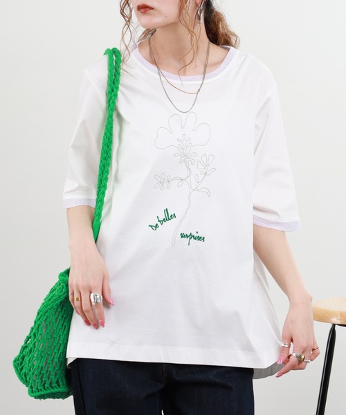 tシャツ 半袖 BRODIAEA ボールチェーン花柄半袖Tシャツ レディース