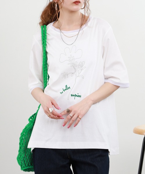 tシャツ 半袖 BRODIAEA ボールチェーン花柄半袖Tシャツ レディース