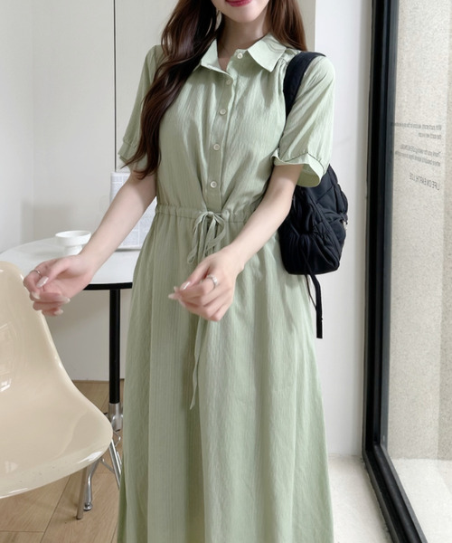 半袖 ロングシャツワンピース Ada. ワンピース 半袖 オープンカラー ドロスト 半袖 ロング シャツ