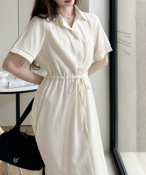 半袖 ロングシャツワンピース Ada. ワンピース 半袖 オープンカラー ドロスト 半袖 ロング シャツ