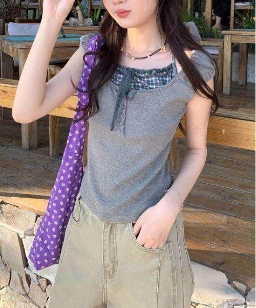 gossip!ロサンゼルス ヘンリーネック tシャツ 半袖 Y2Kチェック柄